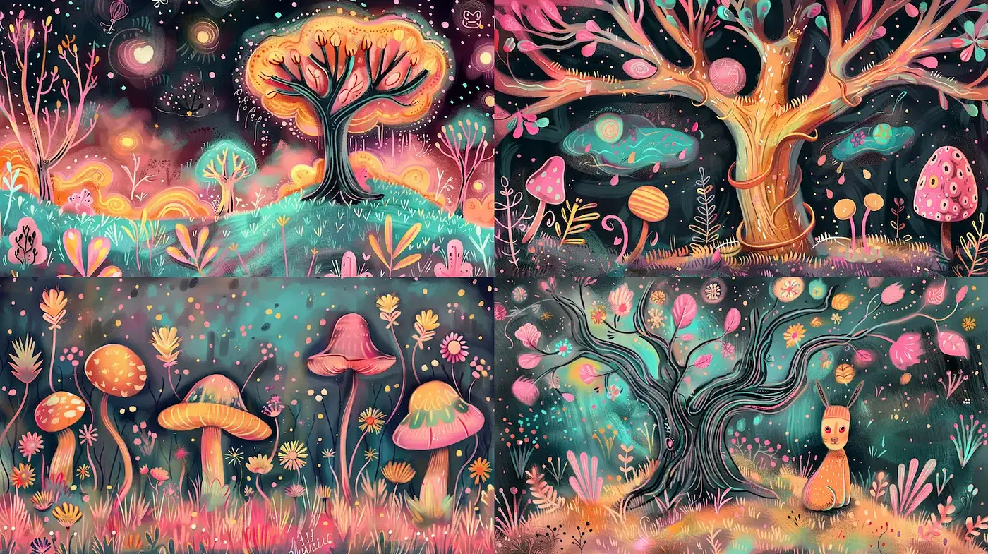 Whimsical and Enchanting Fantasy Landscapes with Vibrant Colors and Playful Patterns - Midjourney sref style