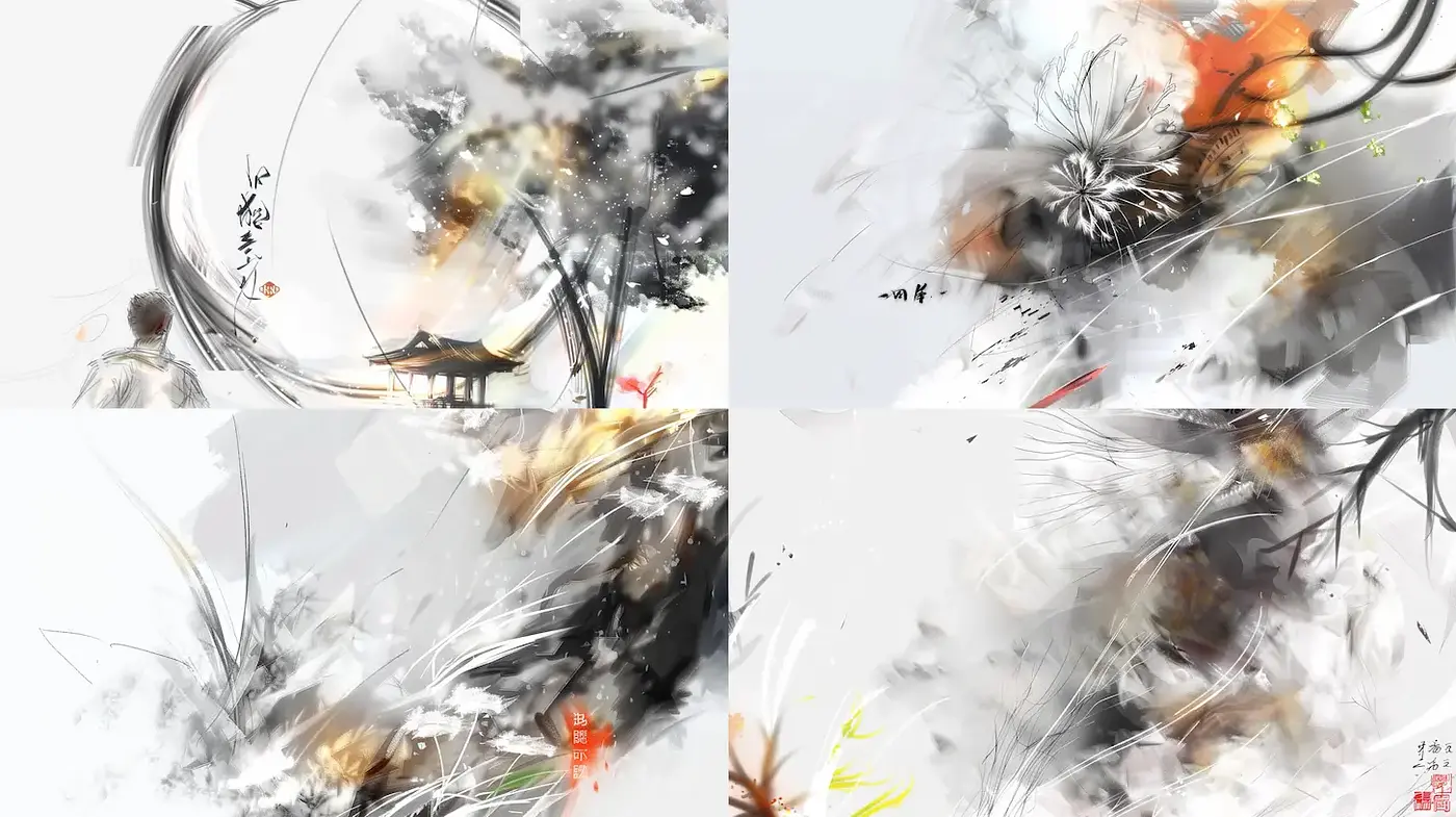 Dynamic and Ethereal Abstract Brushwork with Eastern Aesthetic Influence - Midjourney sref style