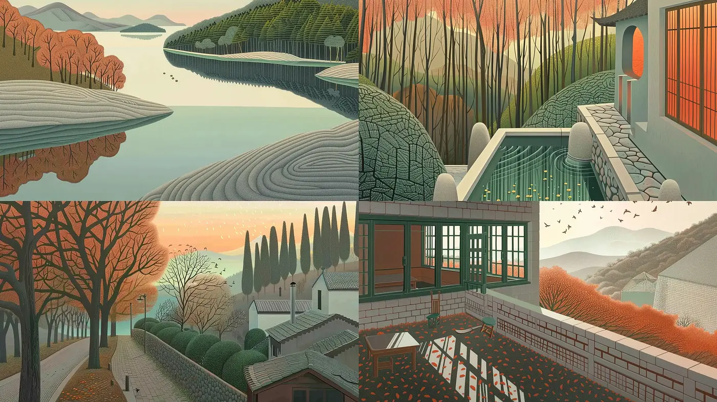 Harmonious Serenity in Stylized Pastoral Scenes - Midjourney sref style