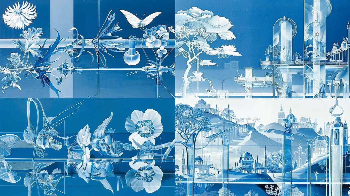 Ethereal Cyan Dreamscape: A Harmonious Fusion of Botanical and Architectural Elegance - Midjourney sref style
