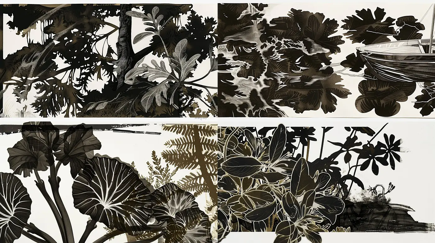 Monochromatic Botanical Silhouettes: A Blend of Organic Forms and Grayscale Tones - Midjourney sref style
