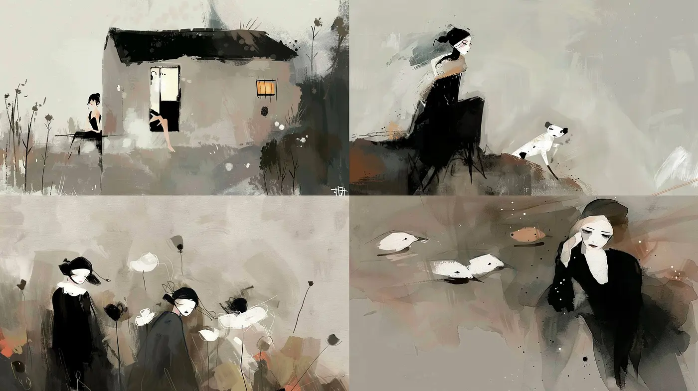 Ethereal Brushwork in Monochrome Harmony: A Serene Intersection of Art and Emotion - Midjourney sref style