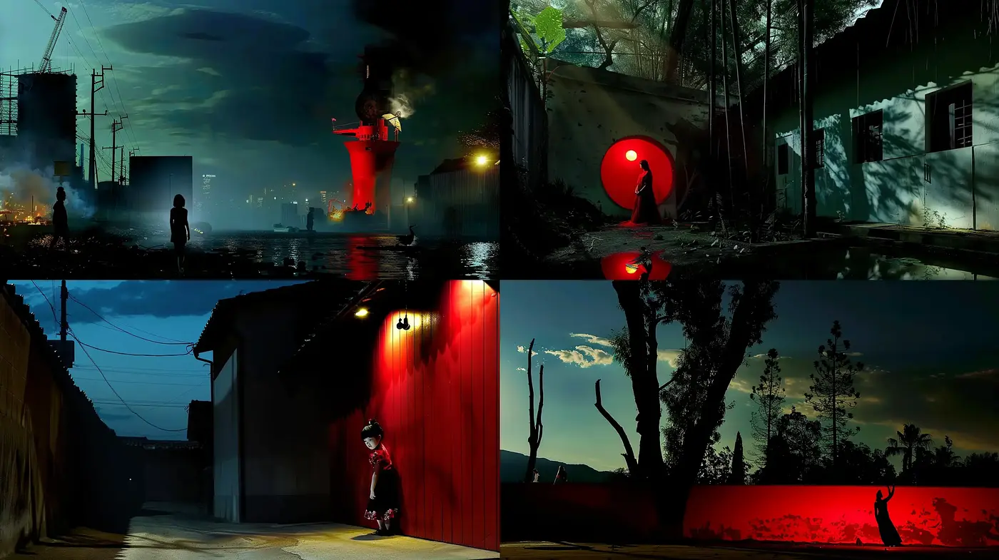 Nocturnal Hues and Red Accents Defining Atmospheric Scenes - Midjourney sref style
