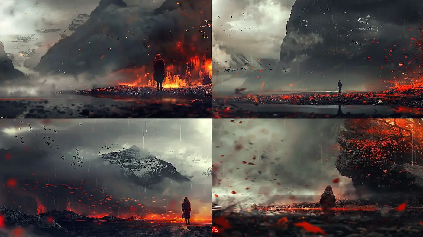 Dramatic and apocalyptic landscape infused with fiery elements - Midjourney sref style