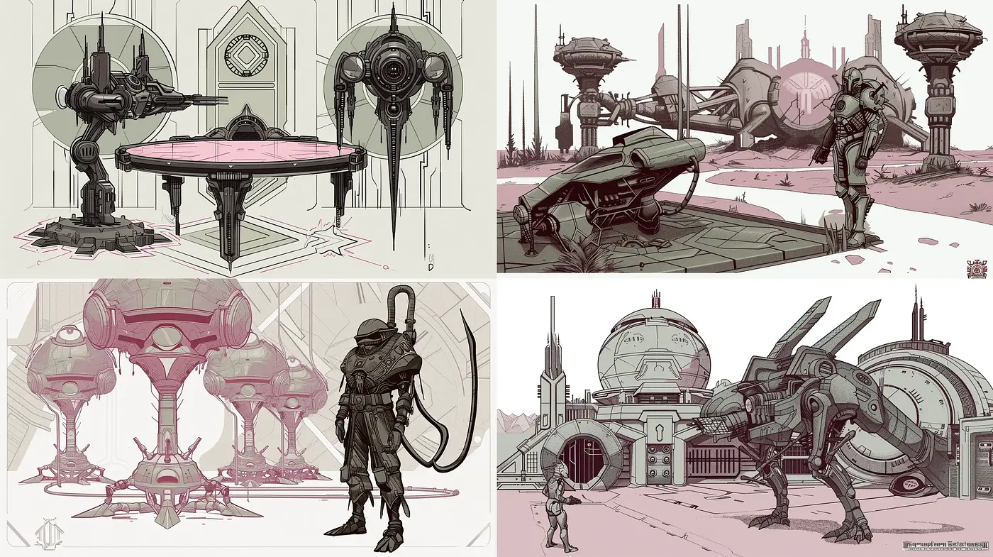 Futuristic Echoes of Monochromatic Sepia - A Concept Art Ensemble - Midjourney sref style