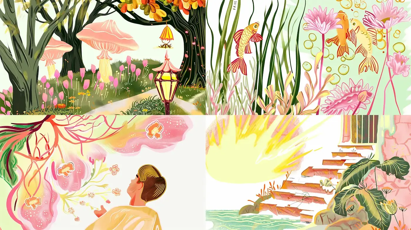 Vibrant and Whimsical Nature-Inspired Illustrations with a Dreamlike Quality - Midjourney sref style