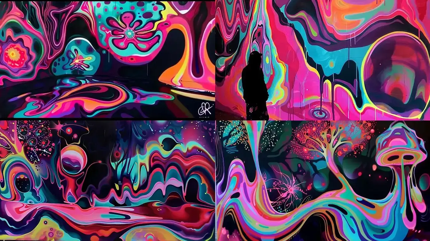 Vibrant Psychedelic Art with Cosmic Elements and Organic Forms - Midjourney sref style