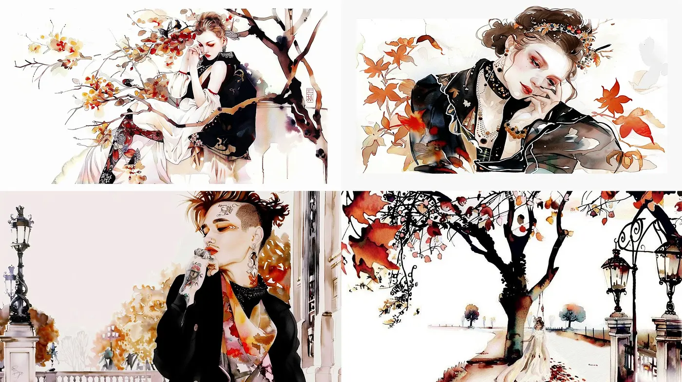Autumnal Elegance in Splash Ink: A Harmonious Blend of East Asian Watercolor and Modern Fashion Aesthetics - Midjourney sref style