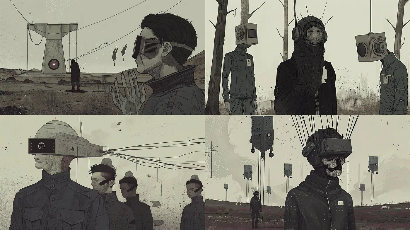 Melancholic Echoes of Monochrome Futurism: A Consistent Synthesis of Desaturated Hues and Solemn Moods - Midjourney sref style