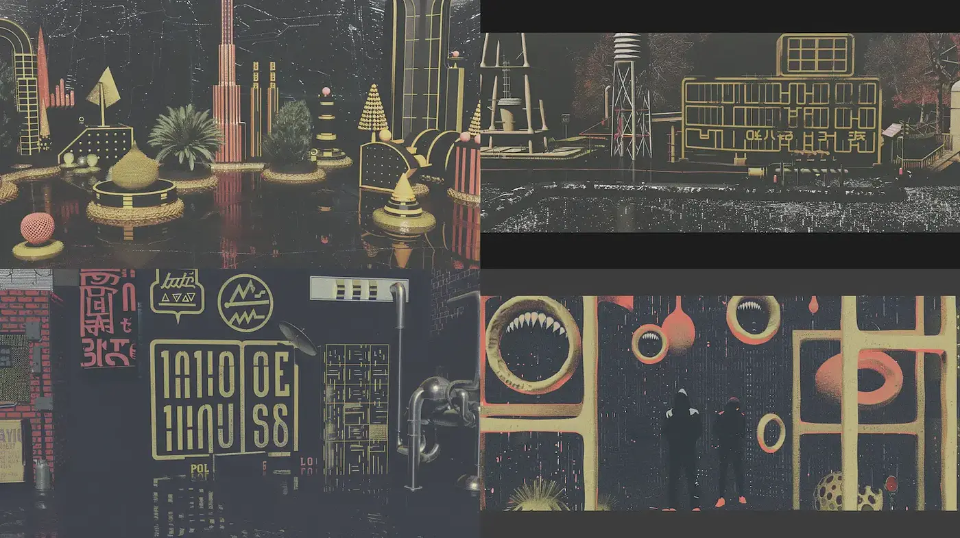 Futuristic geometric environments with bold color contrasts - Midjourney sref style