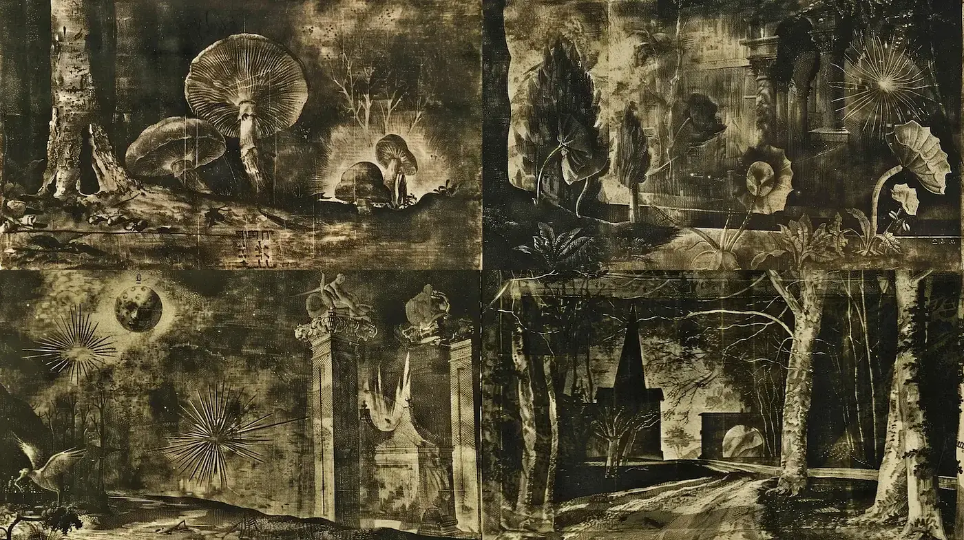 Mysterious and Atmospheric Nature Illustrations with a Vintage Touch - Midjourney sref style