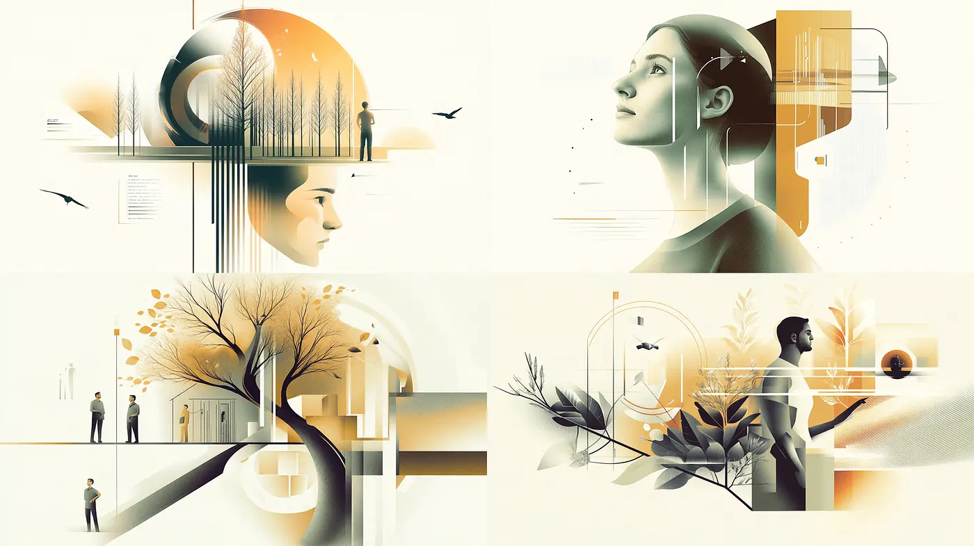 Abstract Illustrations with a Harmonious Blend of Nature and Human Figures - Midjourney sref style