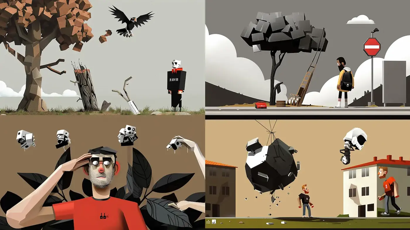 Stylized and Intriguing Illustration with Geometric Elements and Surreal Themes - Midjourney sref style