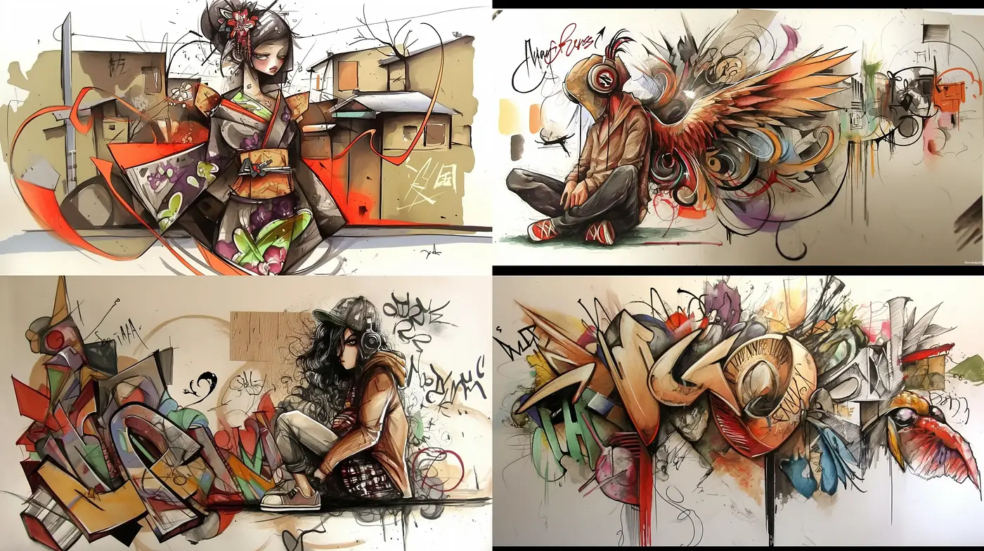 Dynamic Graffiti Fusion with Abstract and Surreal Influences - Midjourney sref style