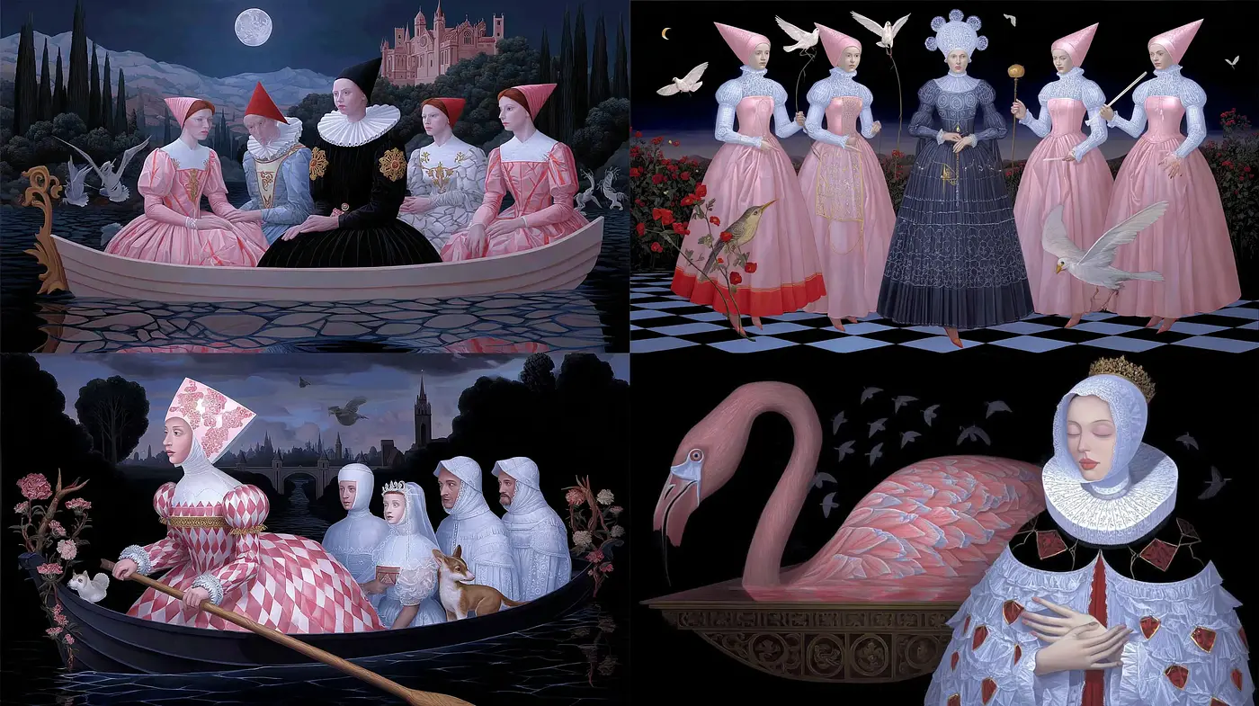 Surrealistic portrayal with a whimsical yet dark atmosphere inspired by historical artistry - Midjourney sref style