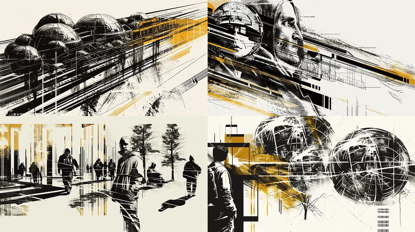 Futuristic Urban Synthesis in Monochrome with Selective Color Highlights - Midjourney sref style