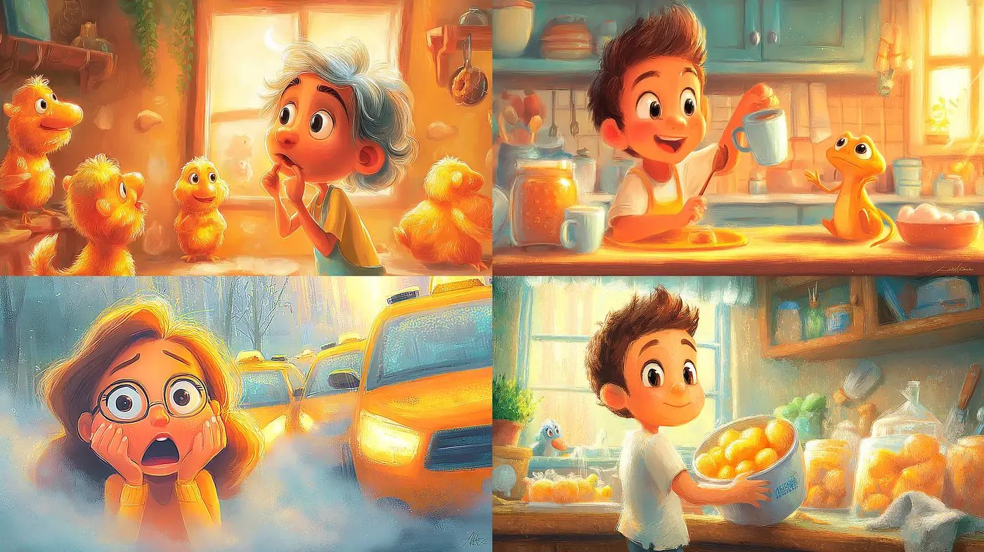 Playful and Whimsical Illustrative Style with Bright Environments - Midjourney sref style
