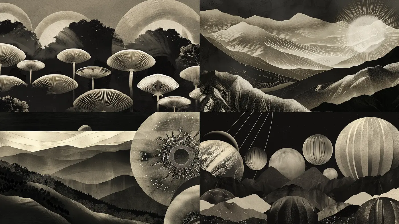 Monochromatic Dreamscape of Surreal Landscapes - Midjourney sref style