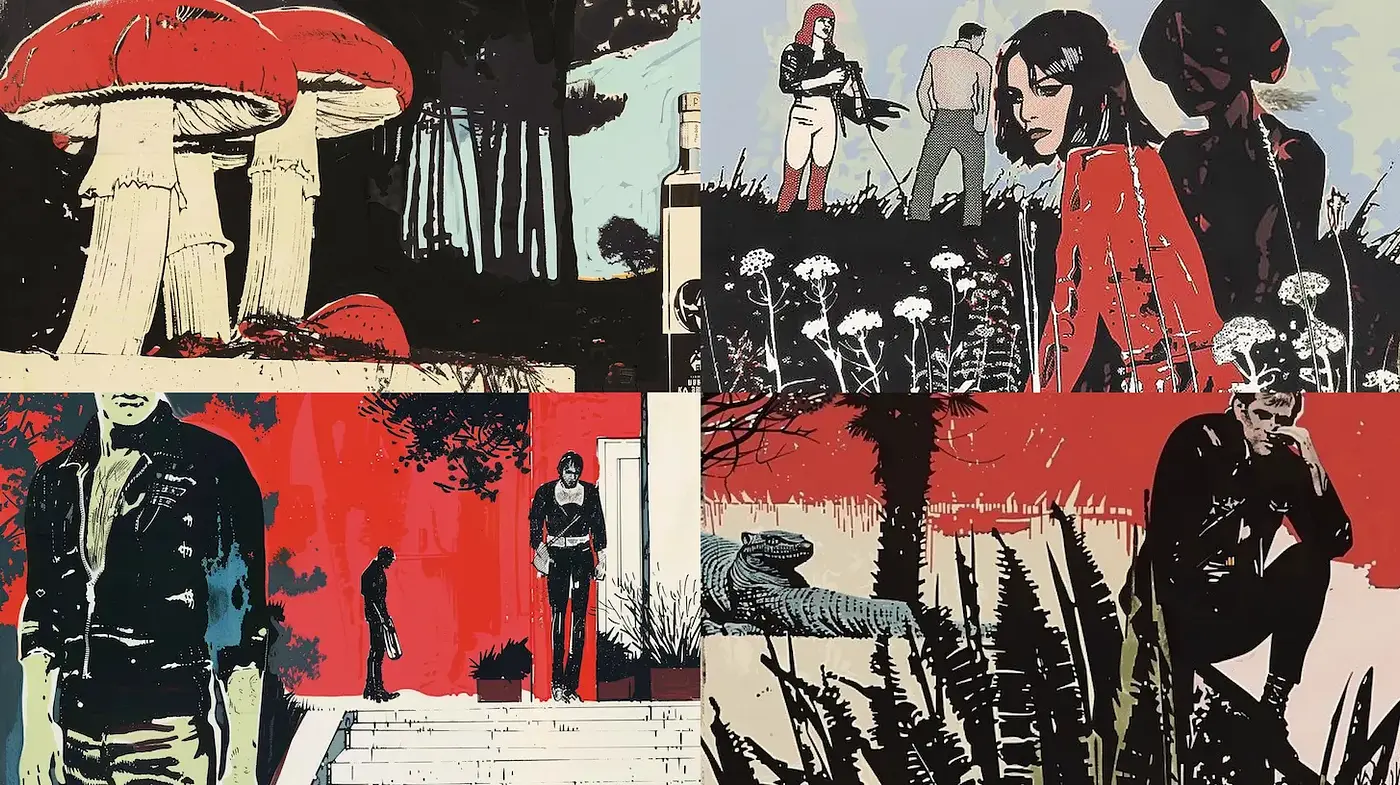 Stylized Illustrations with Strong Graphic and Contrasting Elements - Midjourney sref style