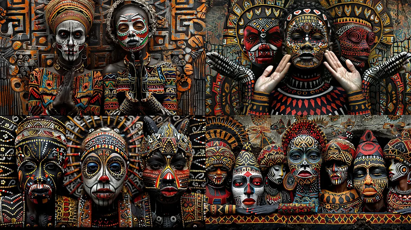 Intricate Tribal Fusion in a Digitized Tapestry Aesthetic - Midjourney sref style