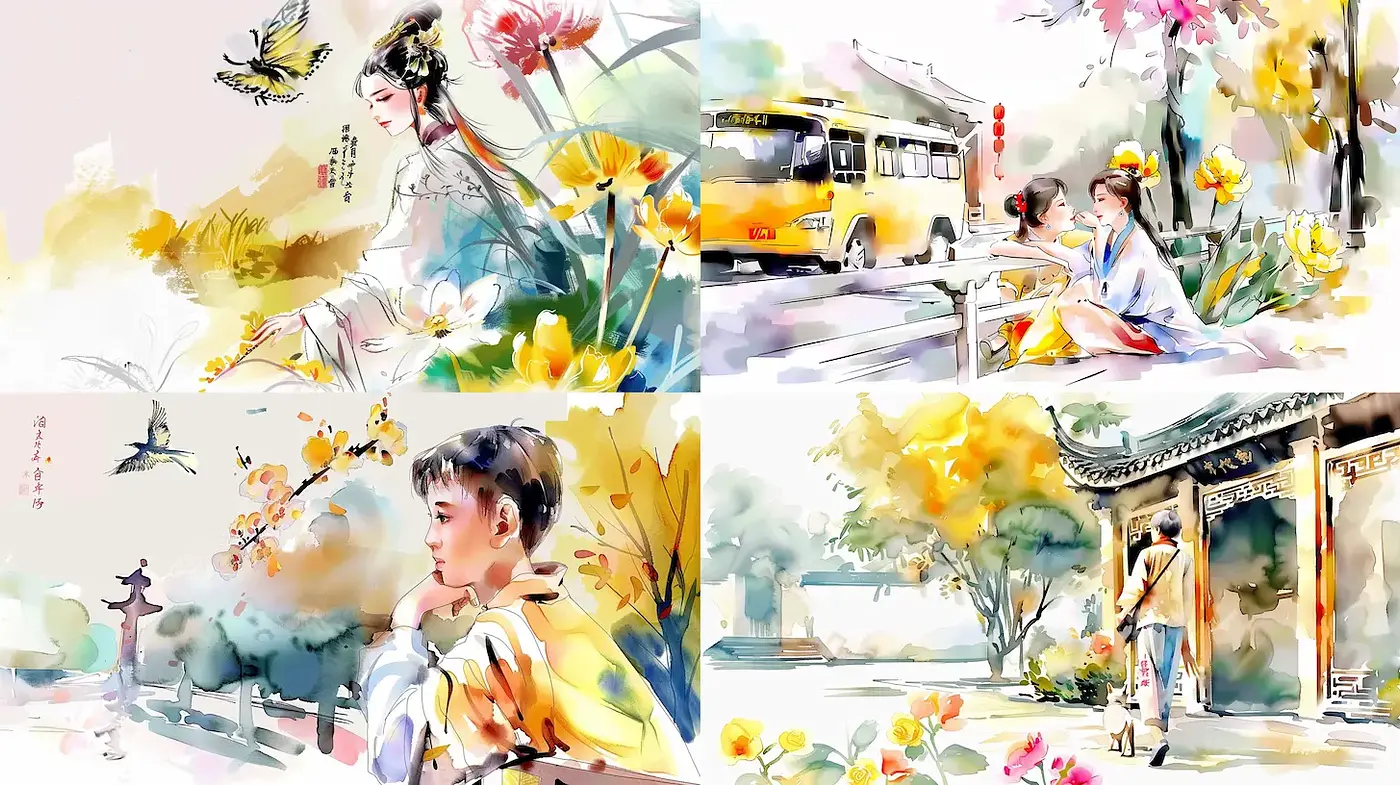 Elegant Watercolor Illustrations with a Harmonious Blend of Nature and Culture - Midjourney sref style