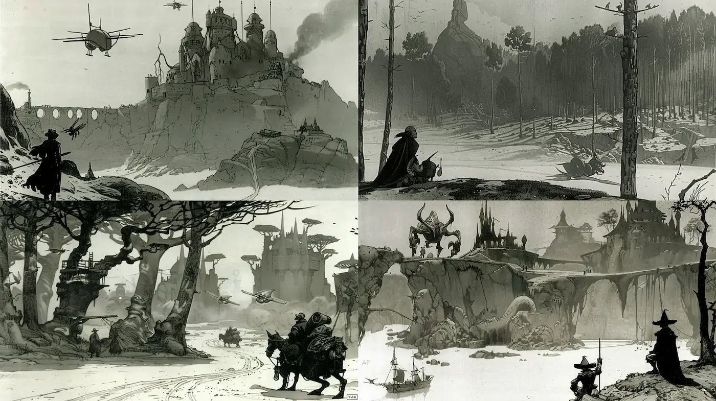 Monochromatic Futuristic Landscapes with a Touch of Fantasy - Midjourney sref style