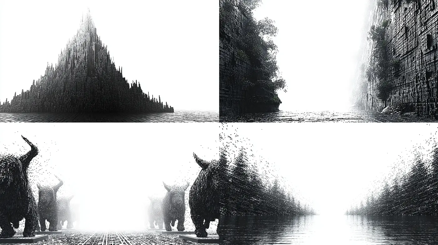 Monochromatic Distorted Realism with Elemental Textures - Midjourney sref style