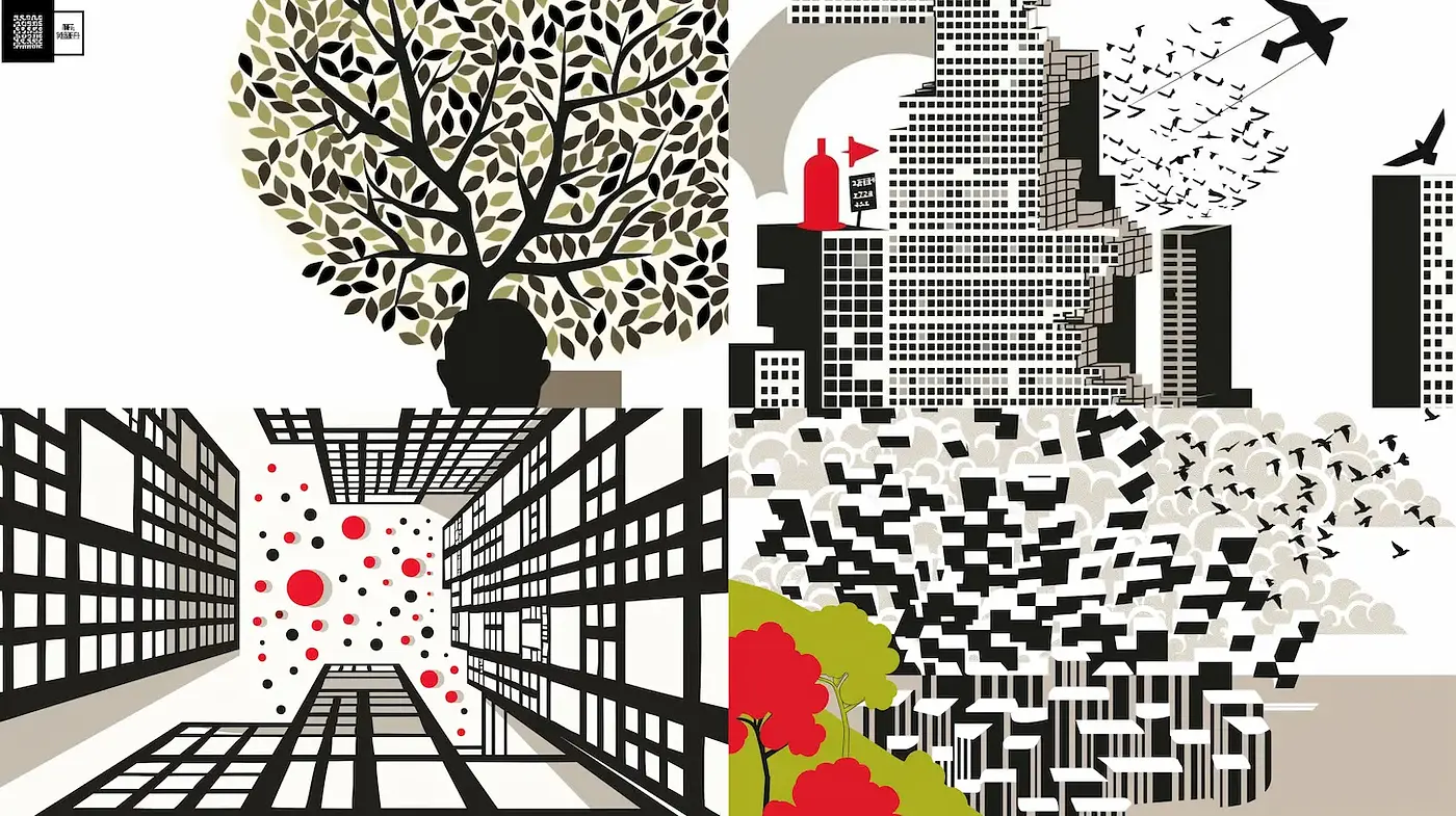 Dynamic Urban Landscapes with a Touch of Nature and Abstract Forms - Midjourney sref style