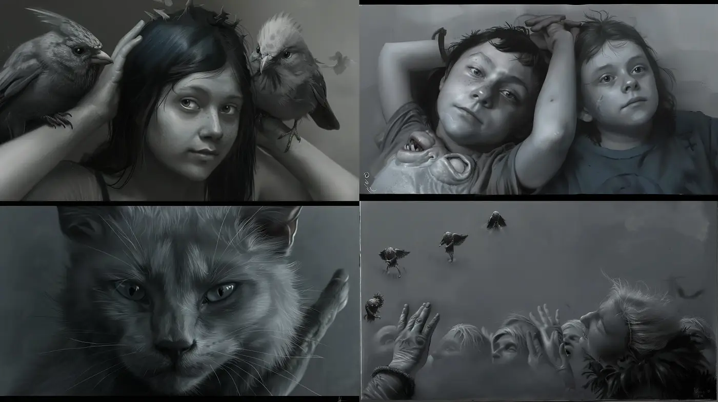 Monochrome Dreamscape: A Consistent Exhibition of Stylized Surrealism - Midjourney sref style
