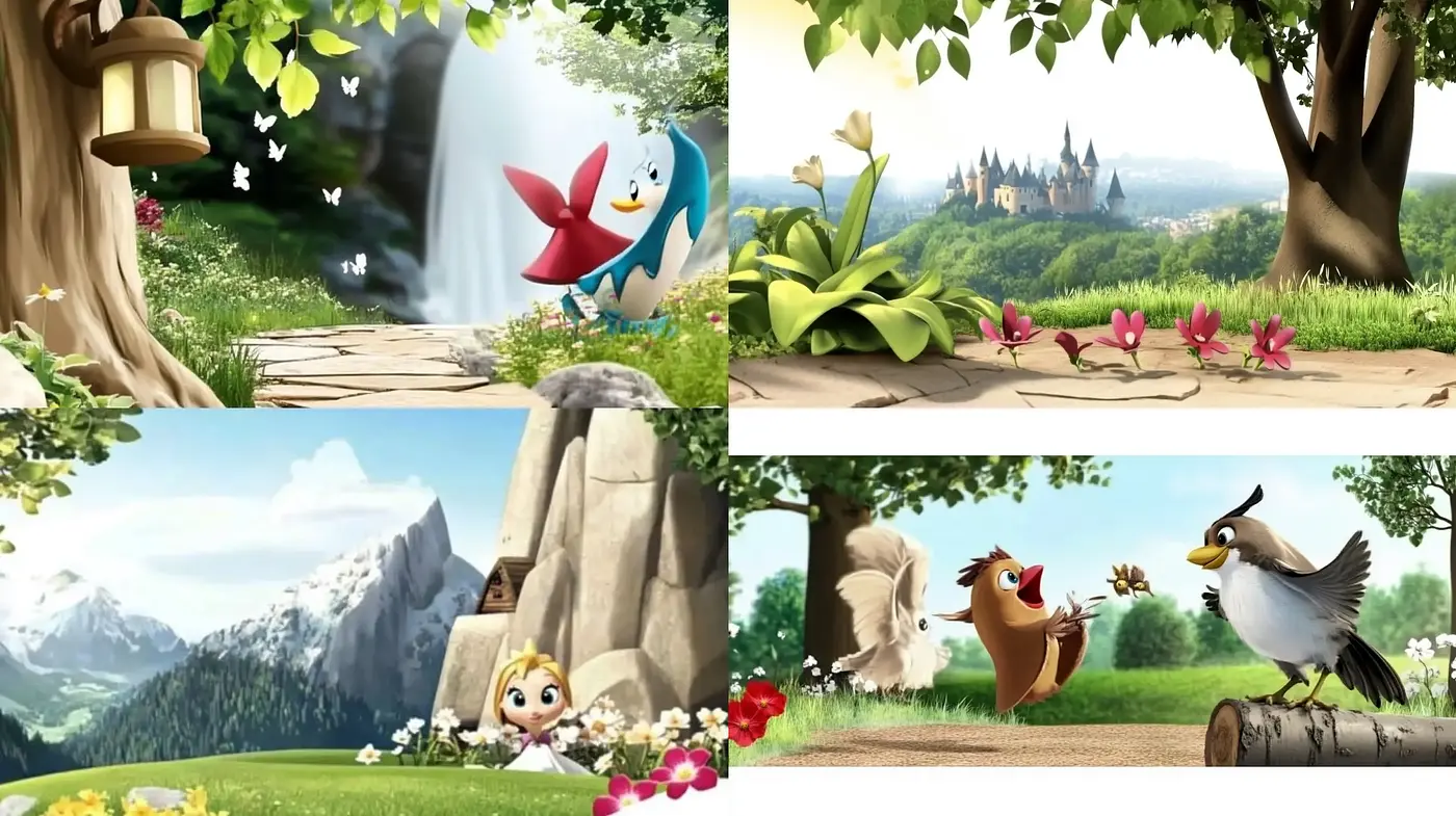 Consistently Whimsical Landscapes with Vibrant Cartoon Characters - Midjourney sref style