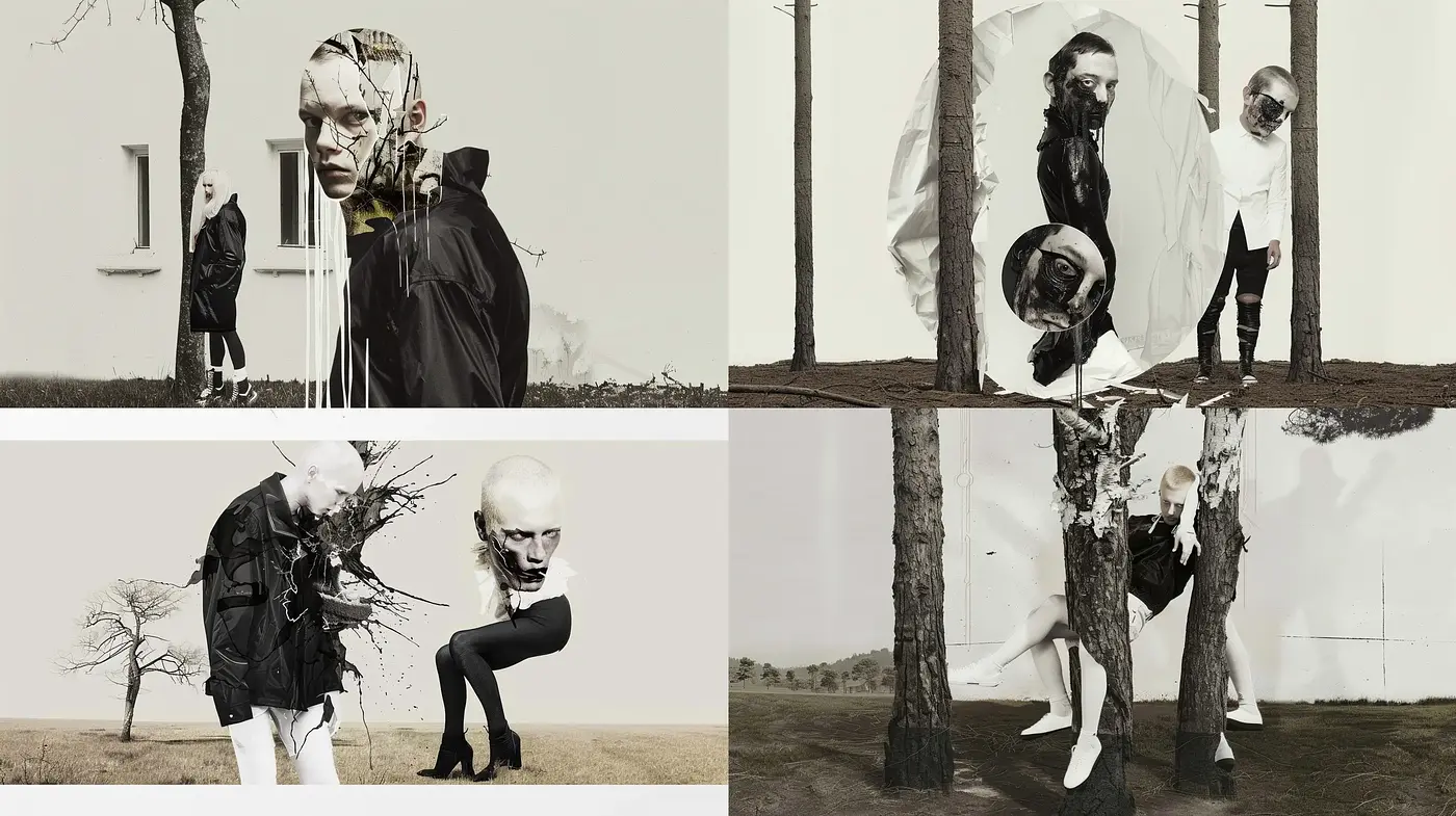 Eerie Monochrome Fusion of Human and Surreal Elements - Midjourney sref style