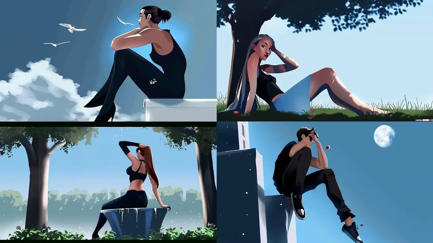 Stylized Illustrations of Contemplative Figures in Calming Environments - Midjourney sref style