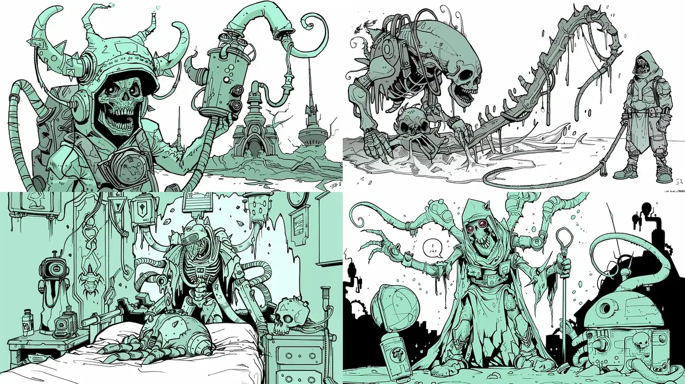 Surreal and Whimsical Sci-Fi Illustrations with Macabre Elements - Midjourney sref style