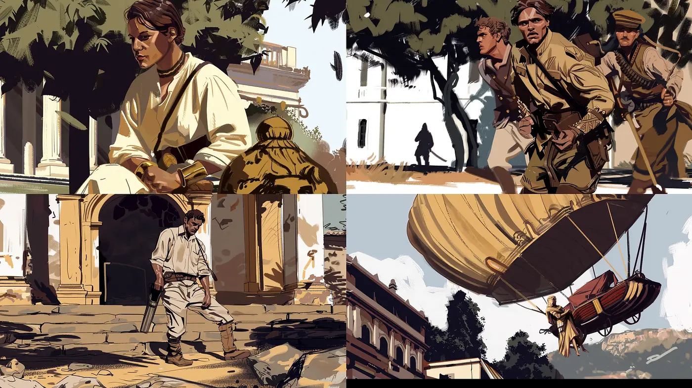 Sepia-Toned Adventure Comic Style with Dynamic Line Art - Midjourney sref style