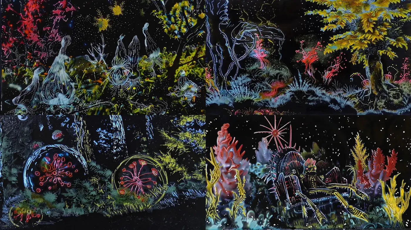 Surreal Cosmic Landscapes with Neon Flora and Ethereal Atmosphere - Midjourney sref style