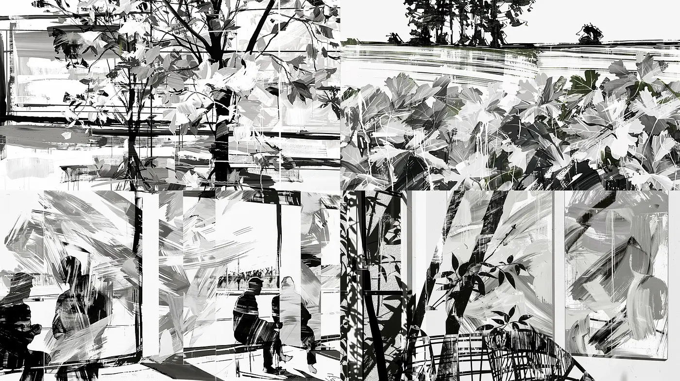 Monochromatic Gestural Brushwork Fusion - Midjourney sref style