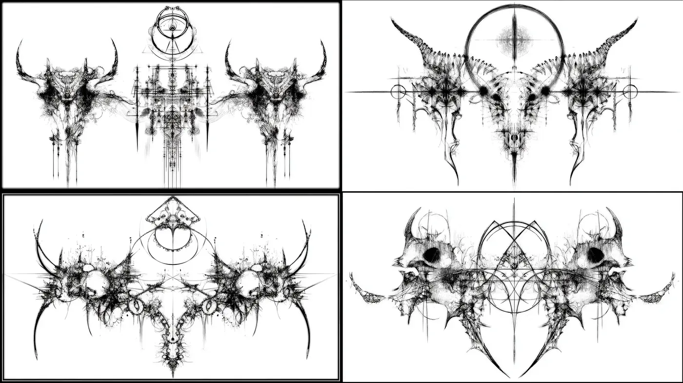 Intricate Monochromatic Symmetry with Organic Elements - Midjourney sref style