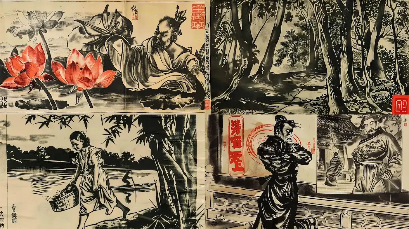 Traditional Asian Ink Wash Style with a Touch of Modernity - Midjourney sref style