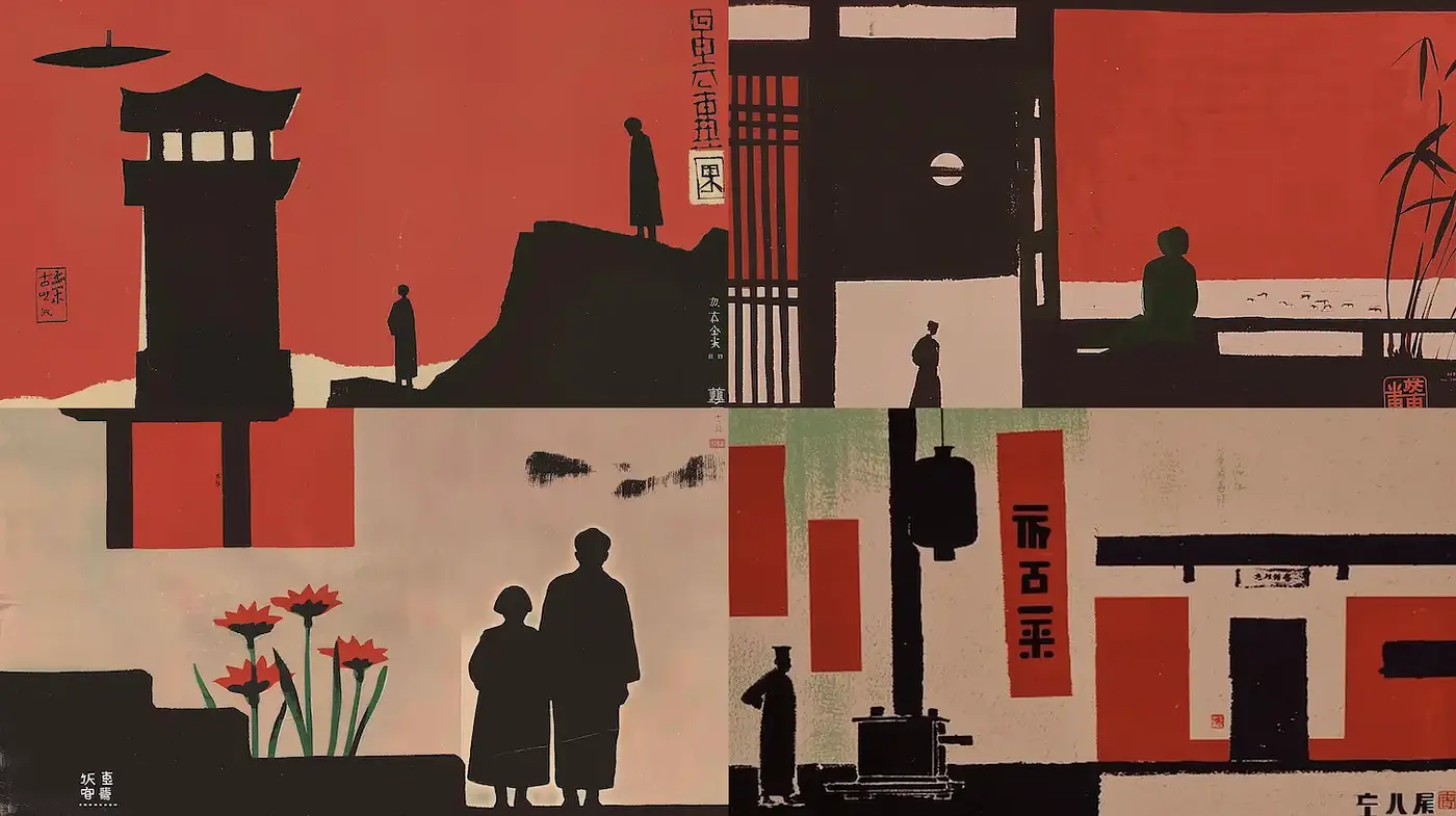 Contemporary Japanese Aesthetic with Silhouetted Subjects - Midjourney sref style