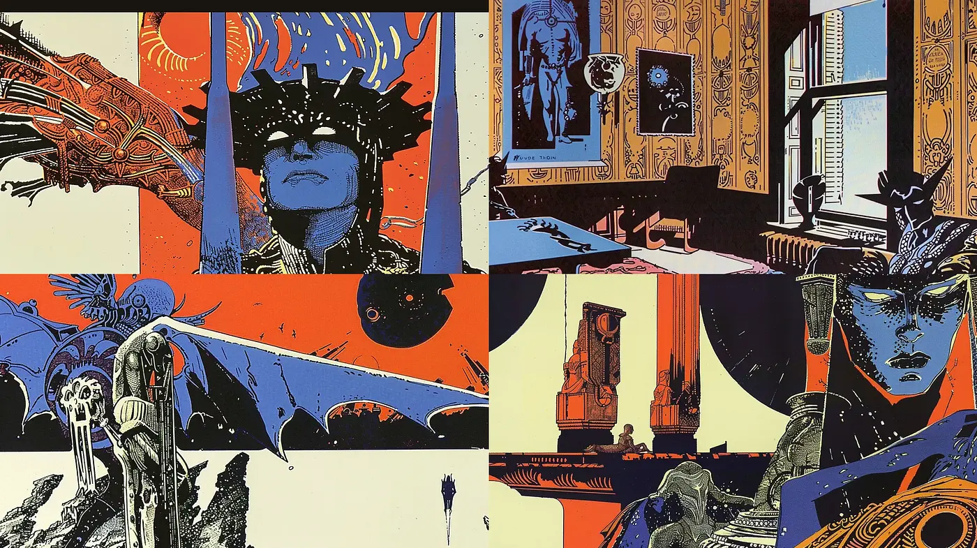 Retro-Futuristic Comic Book Aesthetic with Bold Contrasts and Psychedelic Elements - Midjourney sref style