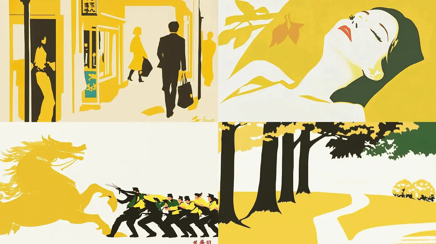 Stylized Retro Silhouette Art with Bold Contrast - Midjourney sref style