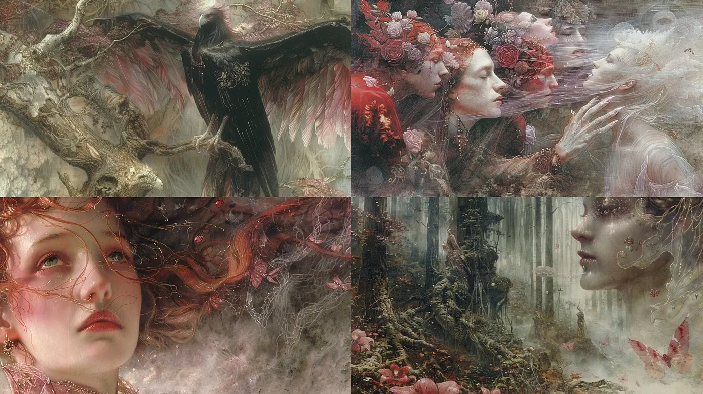 Ethereal Whimsy in Dreamlike Hues: A Phantom Dance with Florals and Mystique - Midjourney sref style