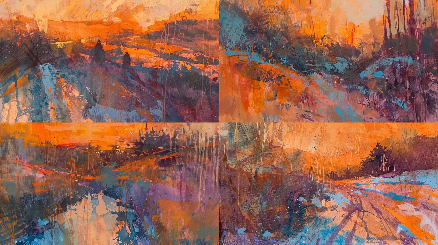 Warm Hues and Abstract Textured Vistas: A Study in Consistent Color and Brushwork - Midjourney sref style