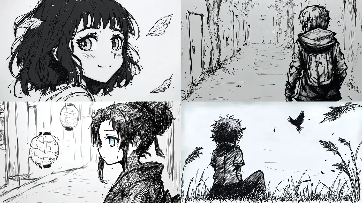 Monochromatic Ink Sketches with Anime Essence - Midjourney sref style