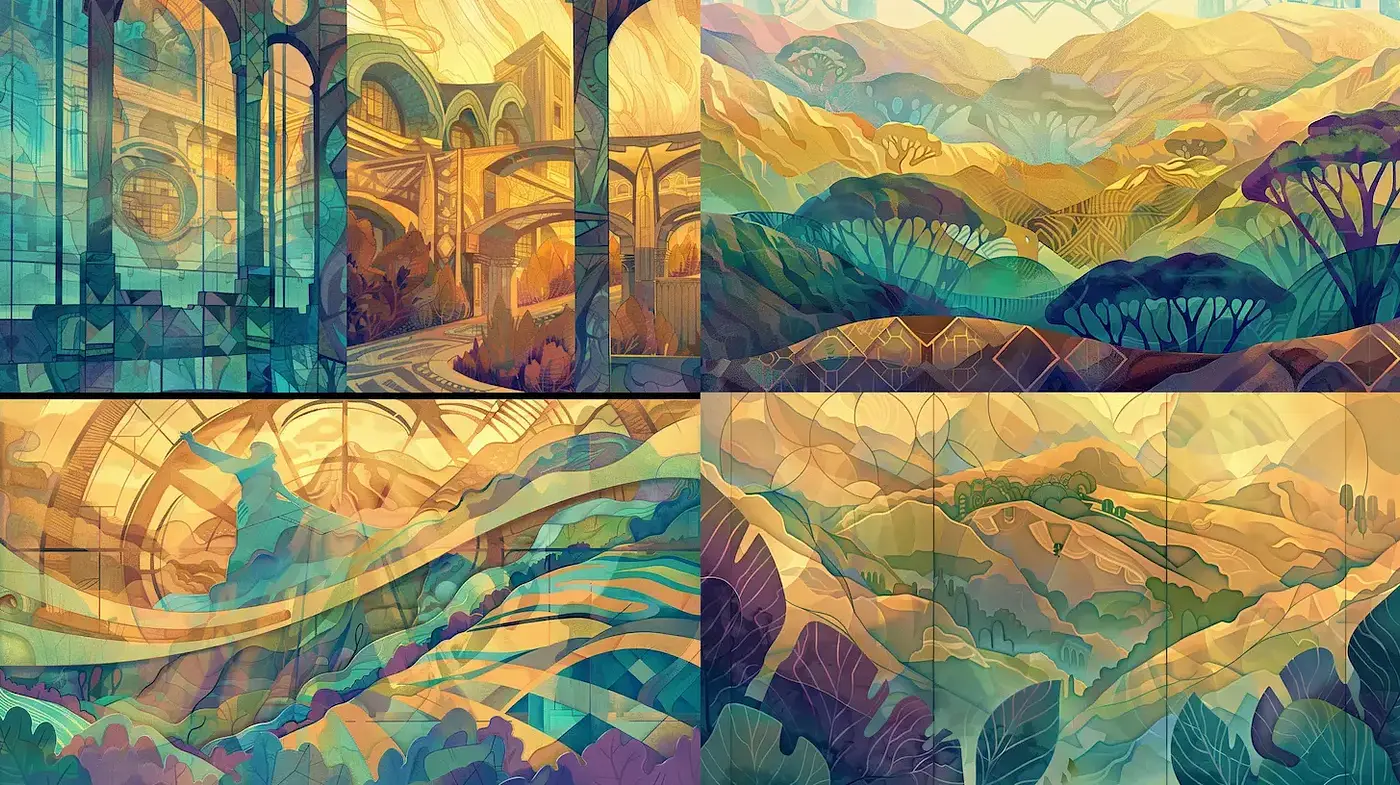 Geometric landscapes embodying vibrant color harmonies - Midjourney sref style