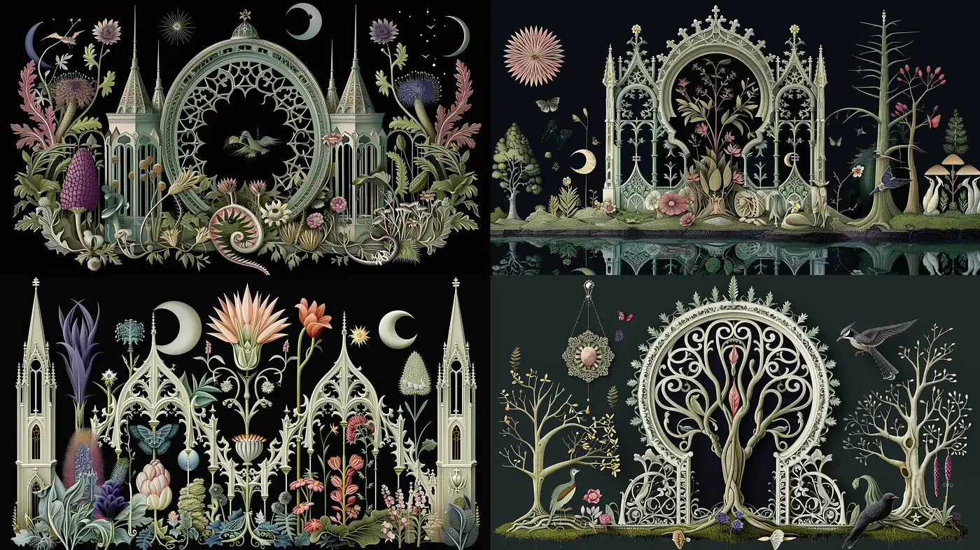 Enchanted Botanical Nocturne: A Whimsical Fusion of Gothic Architecture and Magical Flora - Midjourney sref style