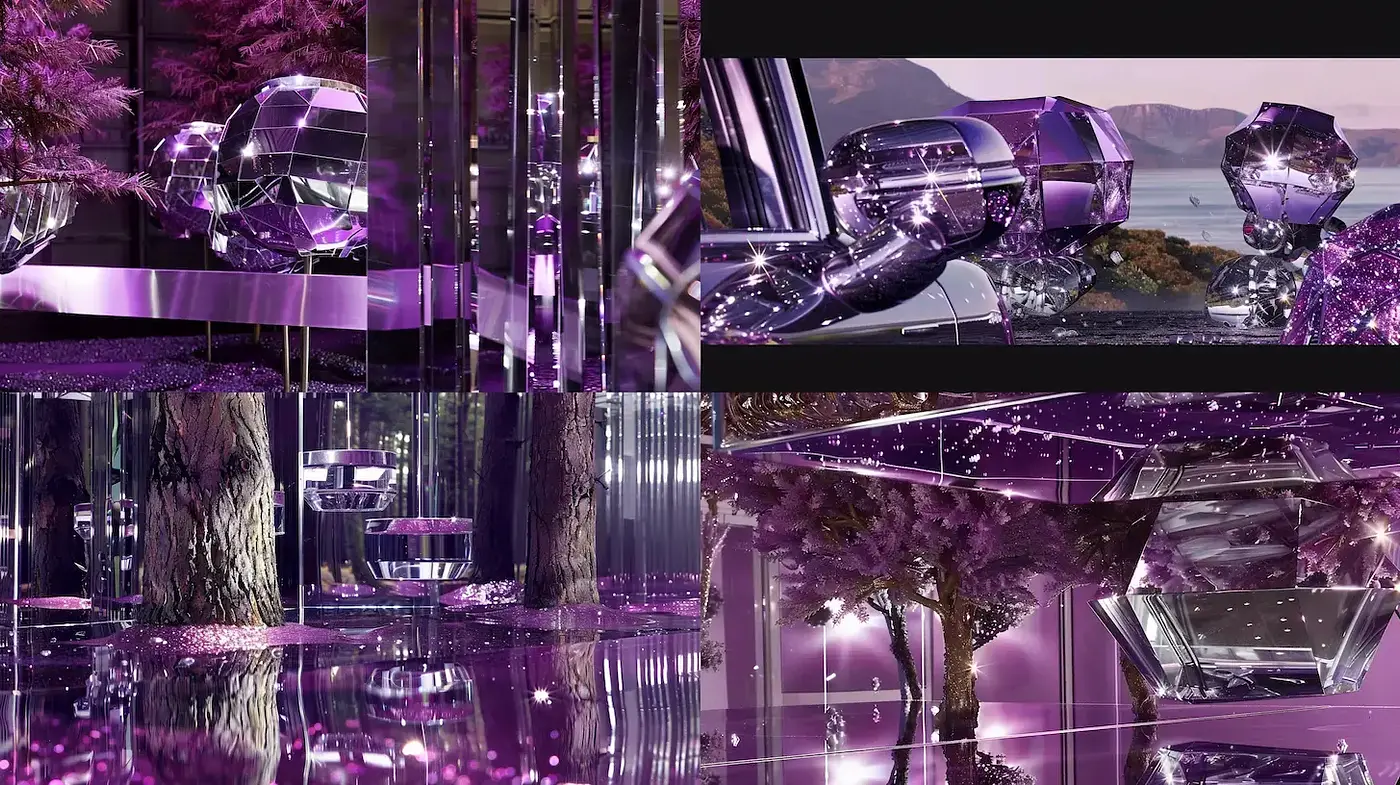 Futuristic surrealism with reflective elements and a serene atmosphere - Midjourney sref style