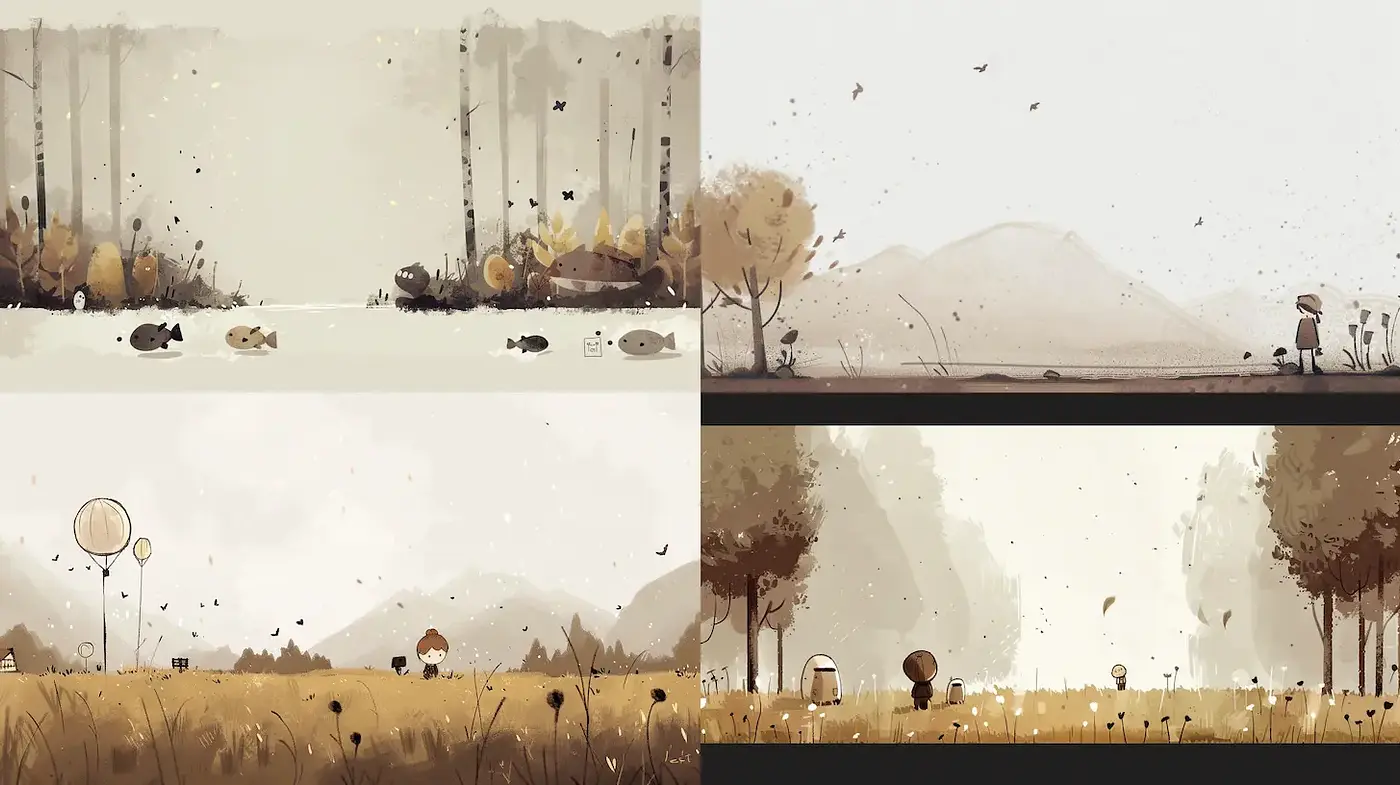 Whimsical and Serene Landscape Illustrations with Earthy Tones - Midjourney sref style
