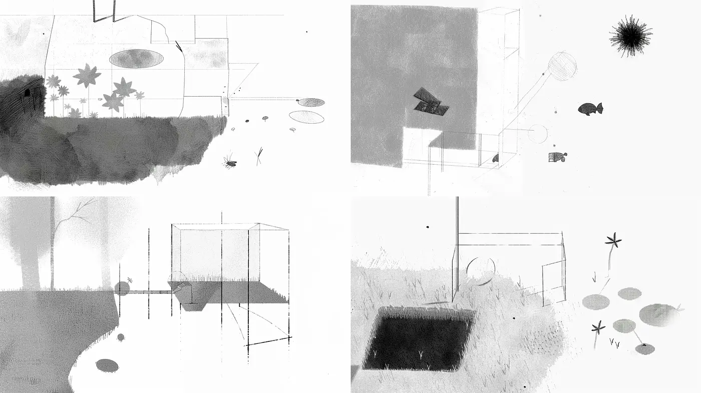 Abstract Monochrome Dreamscape with Textural Variations - Midjourney sref style