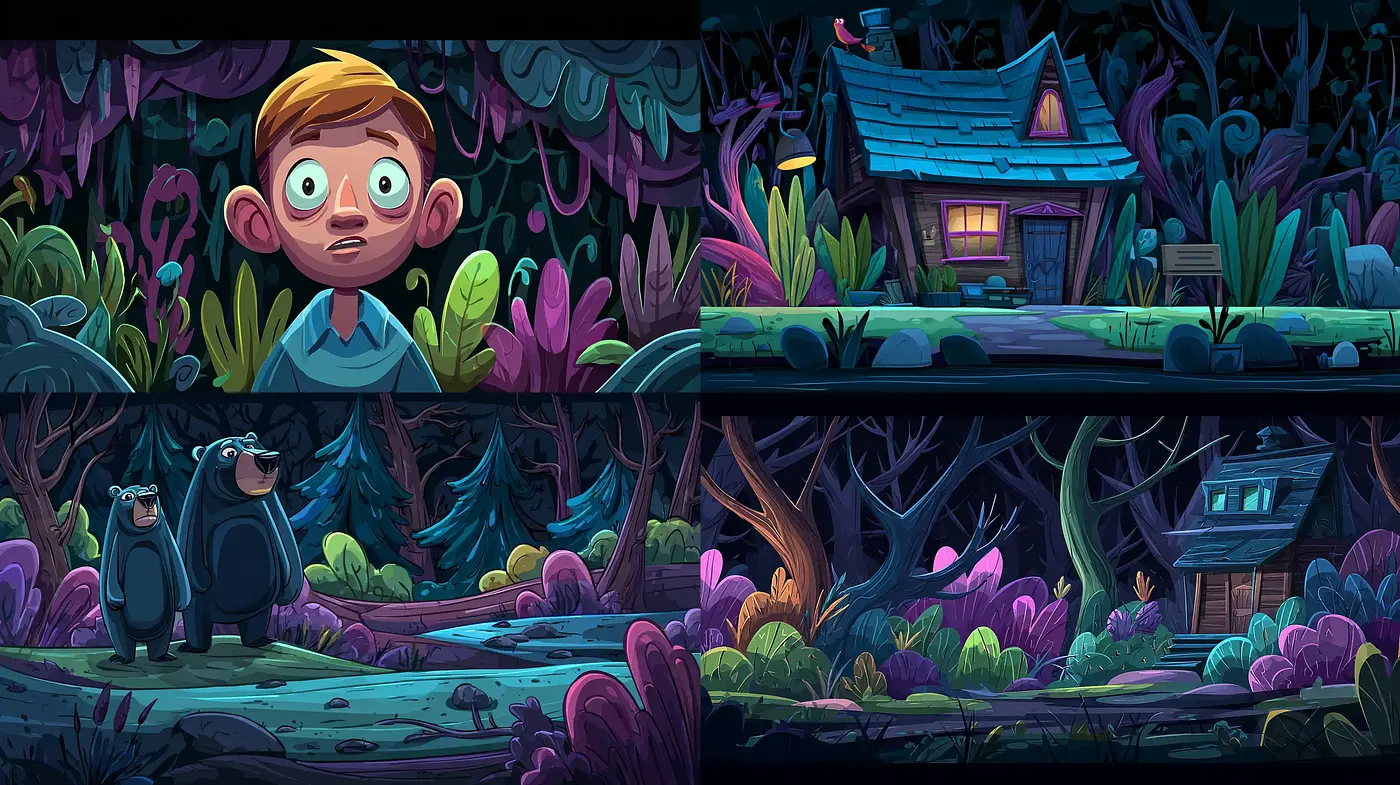 Whimsical Animated Forest Scenes with a Mysterious Vibe - Midjourney sref style